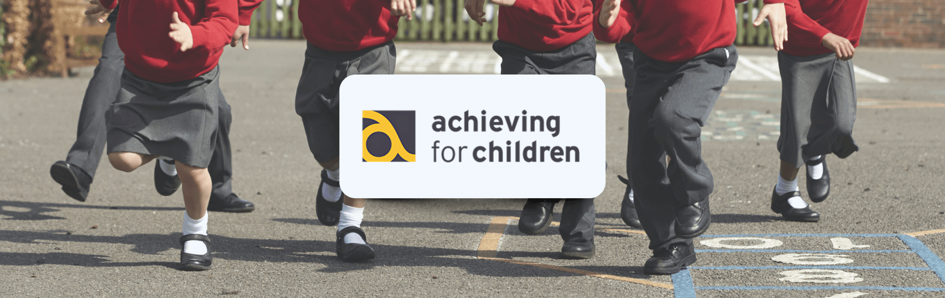 alt="Achieving for Children logo over schoolchildren running in a playground, representing Matrix’s partnership supporting education and youth services."