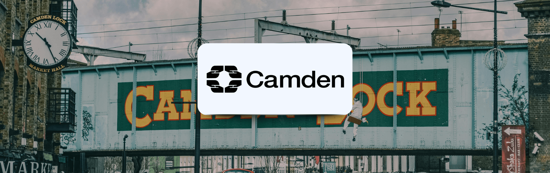 alt="Camden Council logo over the Camden Lock railway bridge, symbolising Matrix’s partnership with Camden Council."