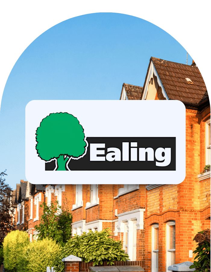 alt="Ealing Council logo and website address over a row of Victorian terraced houses, representing local community partnership."