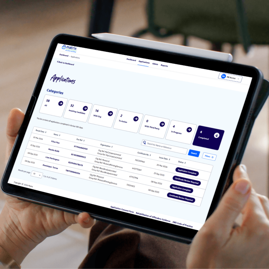 A tablet featuring a background screening company platform, showing a client dashboard with categories of applications and status.