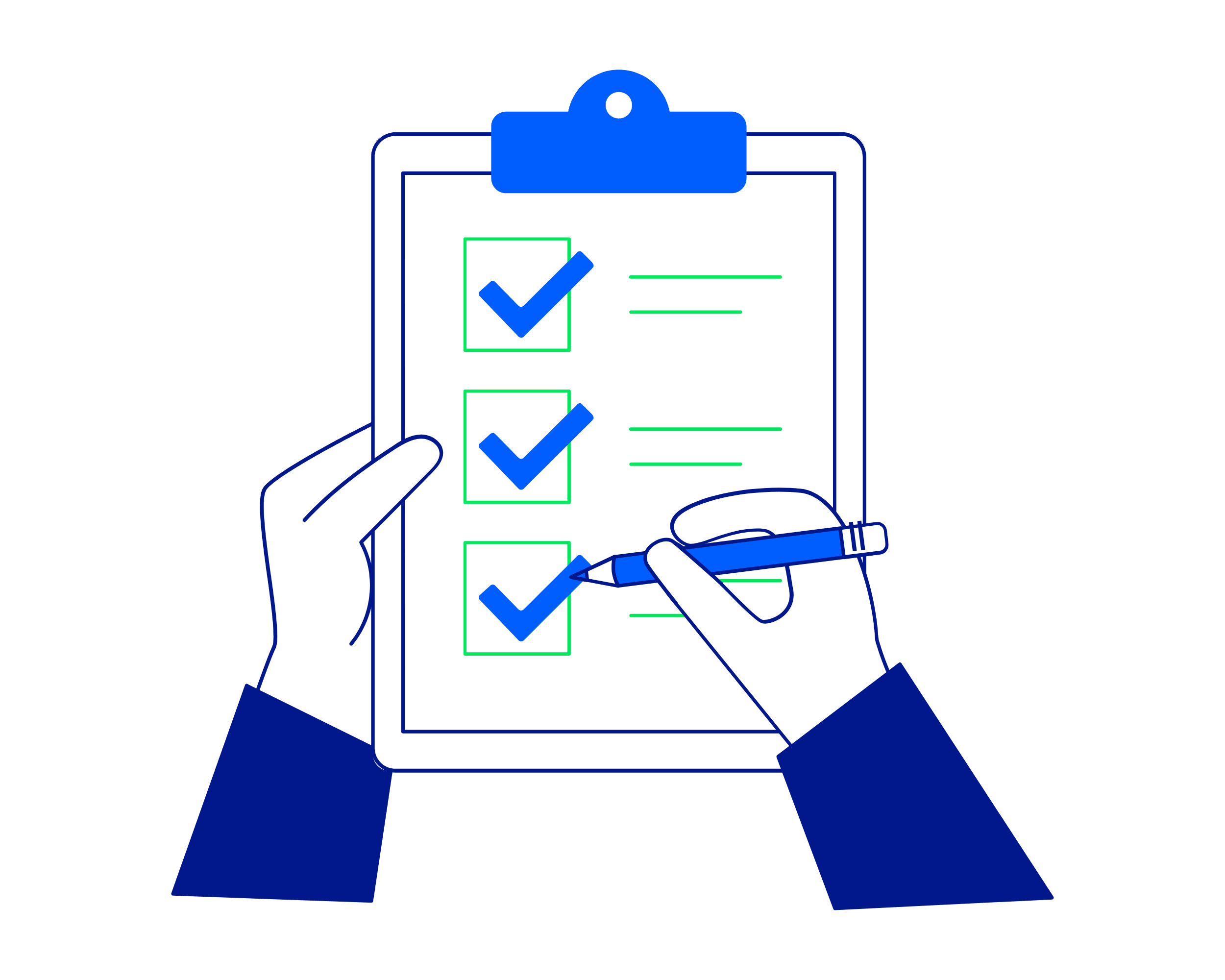 Graphic Illustration of two hands holding a checklist on a clip board with three big blue ticks completed - signalling right to work checks.
