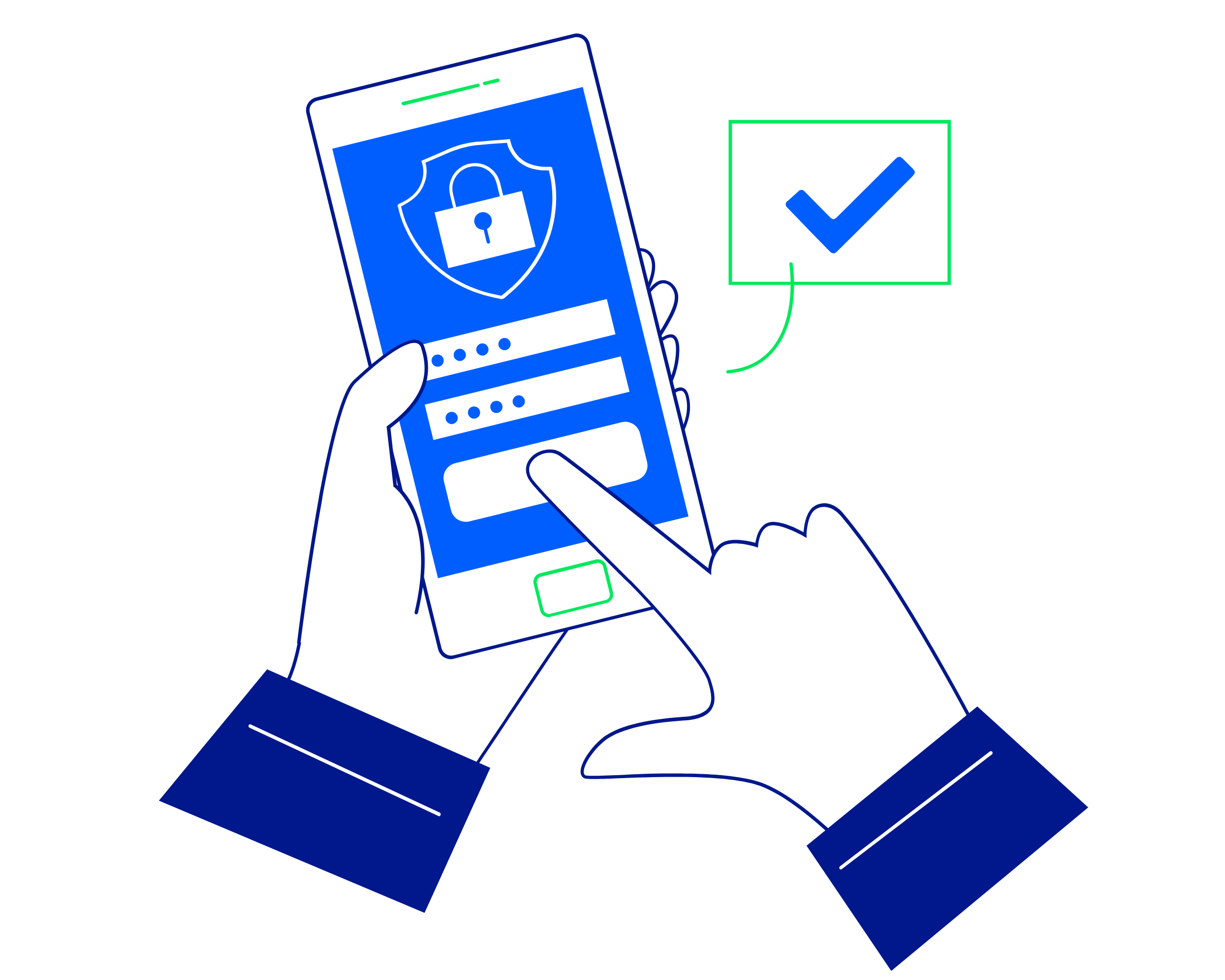 A graphic illustration in blue and green, depicting a hand using a secure log in portal on a phone - representing security watchdog's instant employment verification and secure income checks.