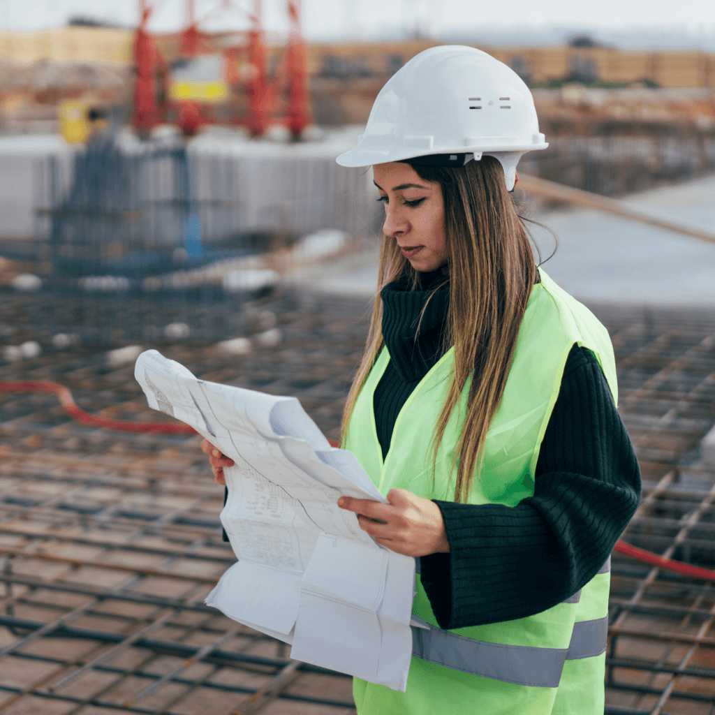 construction and engineer employee in safety wear on a rooftop, Construction and engineering background screening