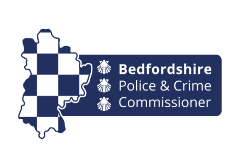 Bedfordshire Police and Crime Commissioner logo featuring a stylised map with blue and white checks.