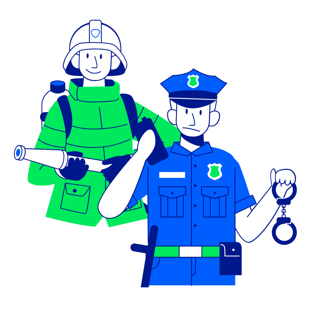 Illustration of a firefighter in green with a hose and a police officer in blue holding handcuffs, representing public service roles and bluelight procurement.