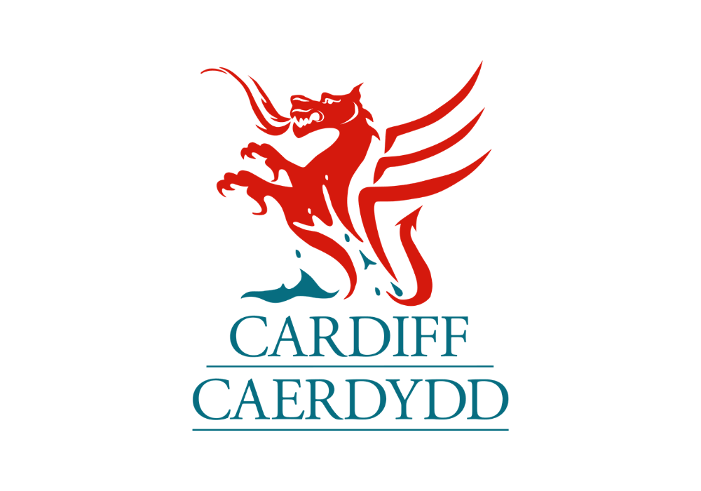Red dragon with wings above a blue depiction of water, with "Cardiff Caerdydd" underneath.