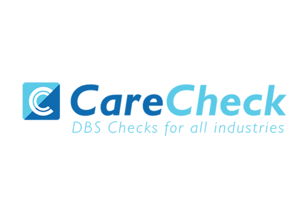 Logo for CareCheck, featuring blue text and the tagline "DBS Checks for all industries" with a stylised "C" icon.