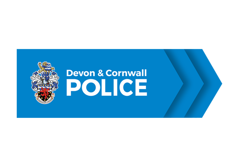 Devon and Cornwall Police logo featuring a blue background with a crest and bold white text.