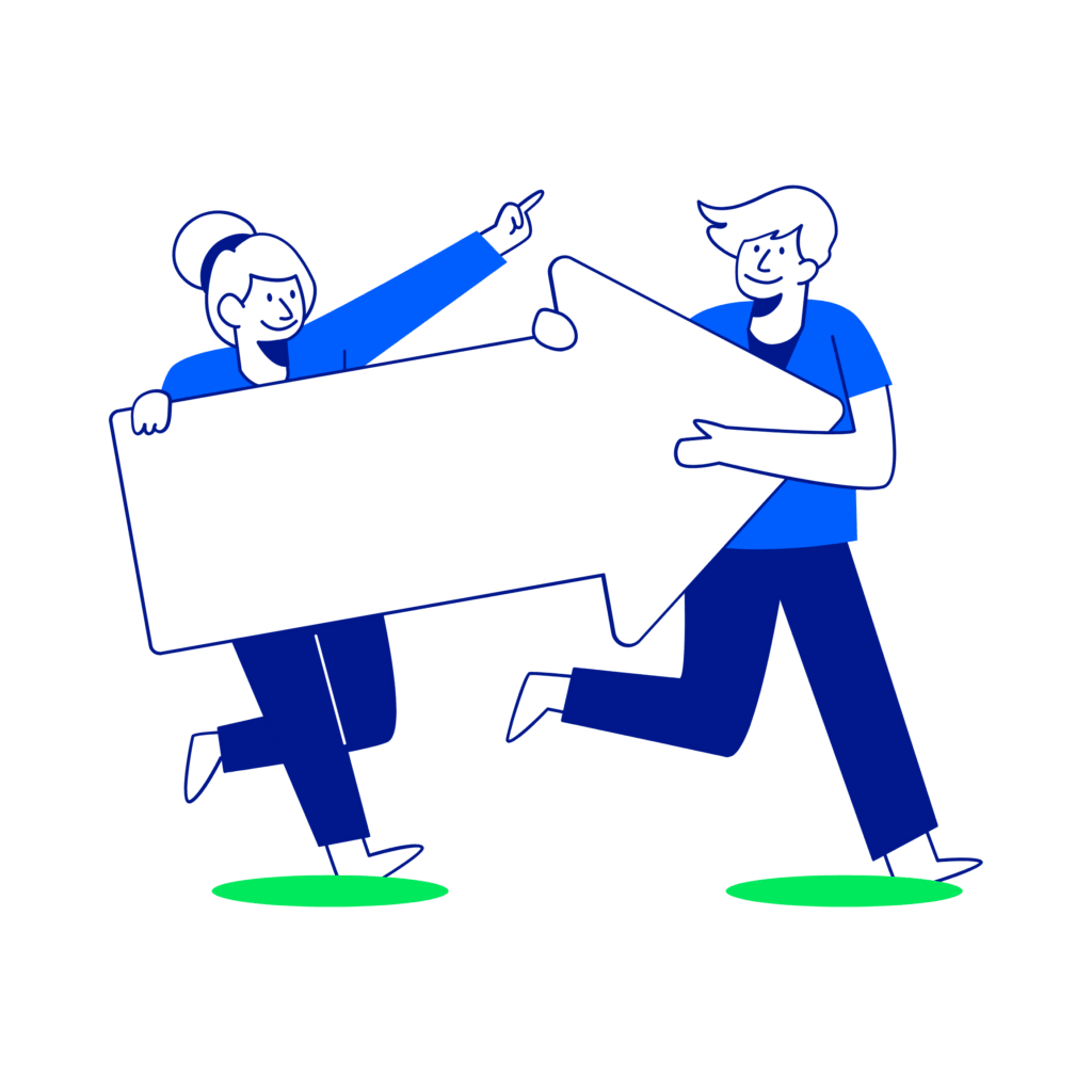 Two cartoon figures joyfully holding a large, blank white arrow pointing right. The characters are dressed in blue and appear energetic, representing success in education procurement.