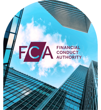 Financial Conduct Authority logo overlaid on a view of tall glass skyscrapers against a blue sky with clouds.