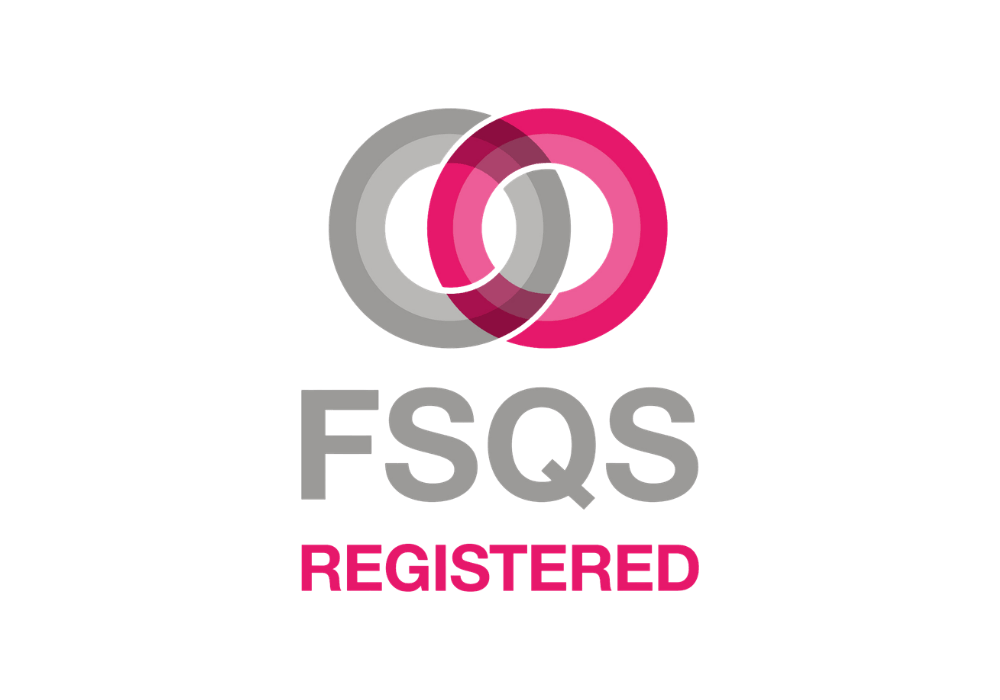 FSQS Registered logo featuring two interlocking rings, one grey and one pink, with the text "FSQS" above "REGISTERED".