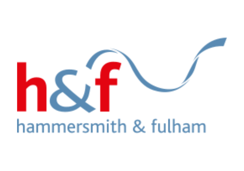 Logo of Hammersmith & Fulham Council featuring stylised red and blue initials "h&f" with a blue wave-like design.