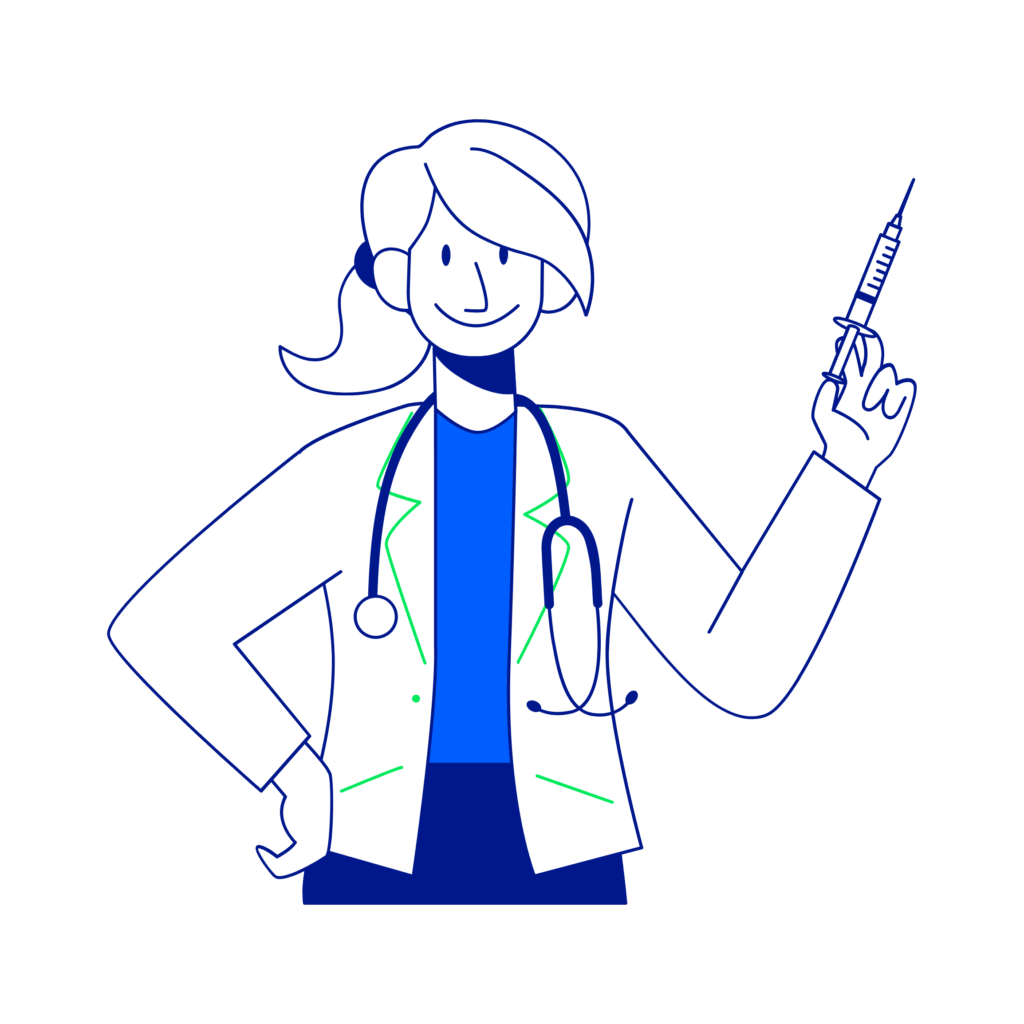 Illustration of a smiling doctor holding a syringe, wearing a stethoscope and lab coat, set against a plain background.