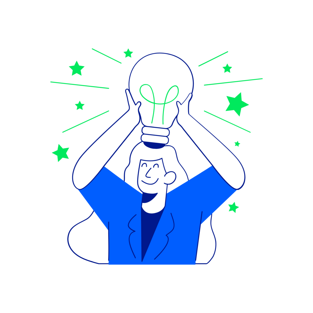 Illustration of a smiling person holding a glowing lightbulb above their head, surrounded by stars, symbolising success and inspiration in housing procurement solutions.