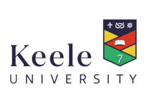 Keele University logo with shield featuring symbols, a book, and geometric patterns.