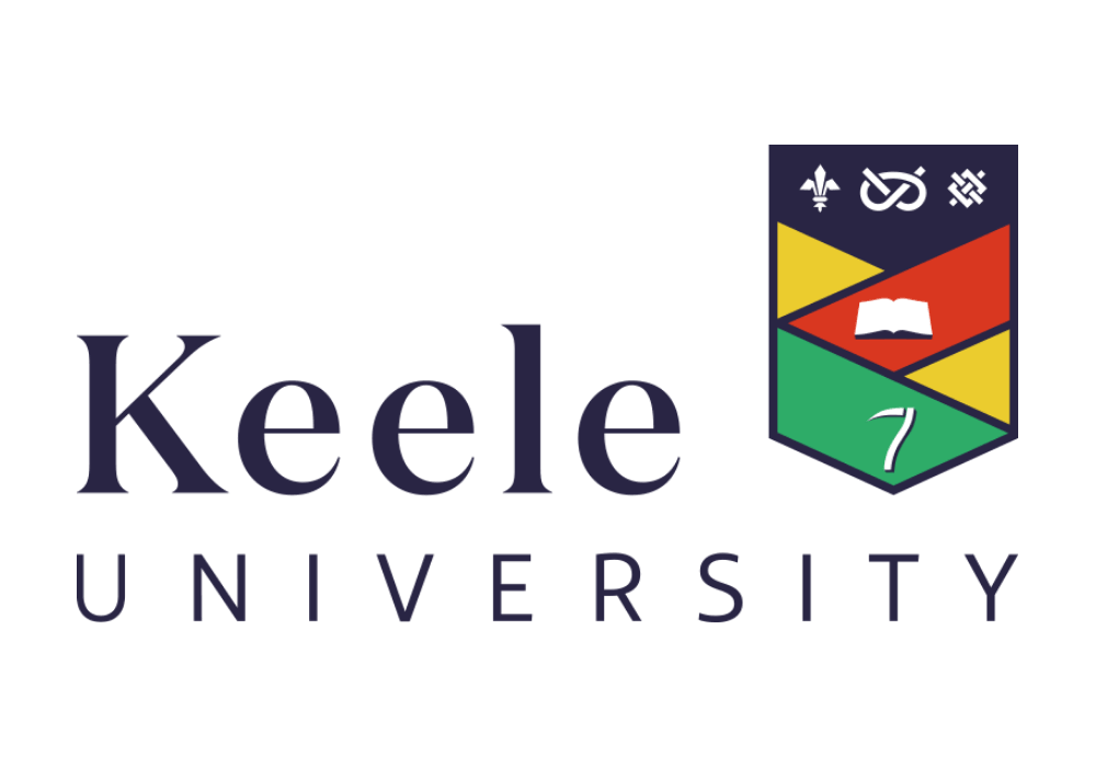 Keele University logo with shield featuring symbols, a book, and geometric patterns.