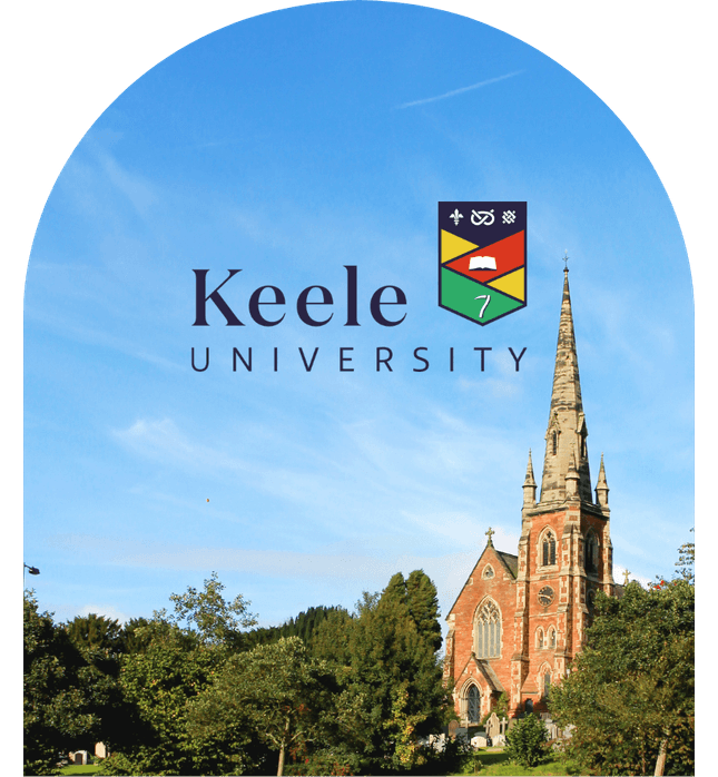 Keele University logo over a sunny landscape with green trees and Keele village church spire.