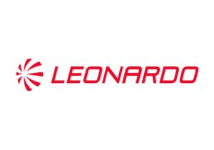 Red logo of the company "Leonardo" with a stylised emblem on the left.