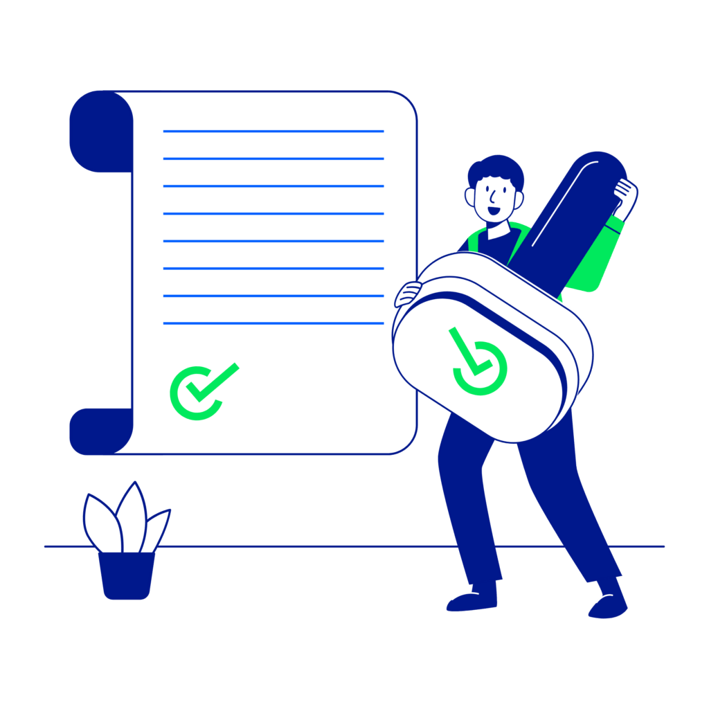 A person holding a large pen places a checkmark on a scroll, symbolising approval or completion in an outcourced-screening process, with a small plant nearby.