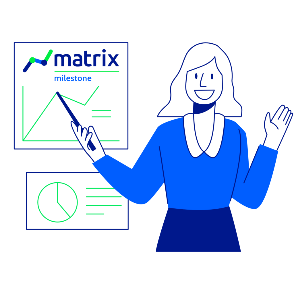 Illustration of a person presenting graphs with the logo 'matrix milestone' visible, indicating data analysis or business progress.