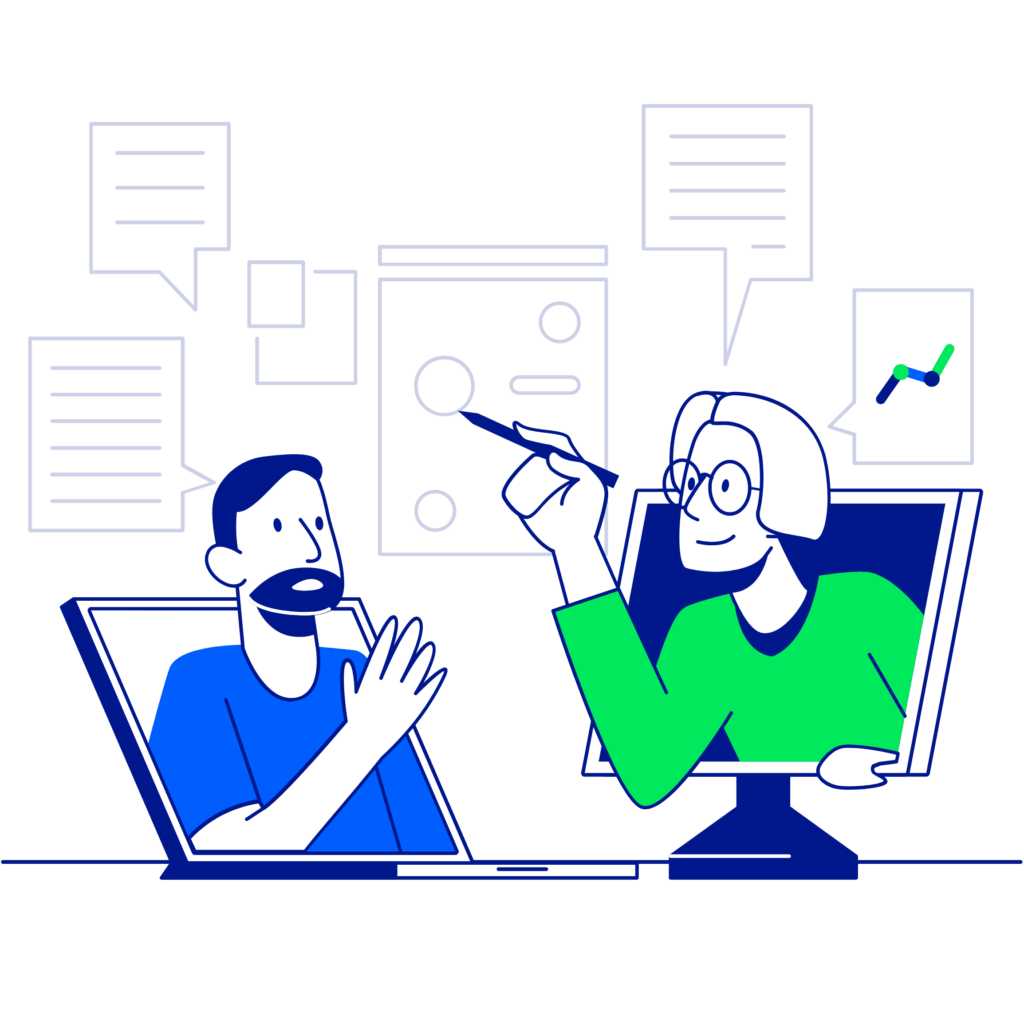 matrix milestone outcome-based procurement solutions represented by blue and green graphic illustration of two workers assessing computer screen