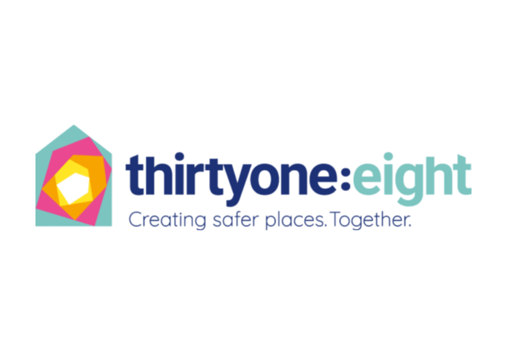 Thirtyone:eight logo with a colourful geometric house design and the slogan “Creating safer places. Together.”