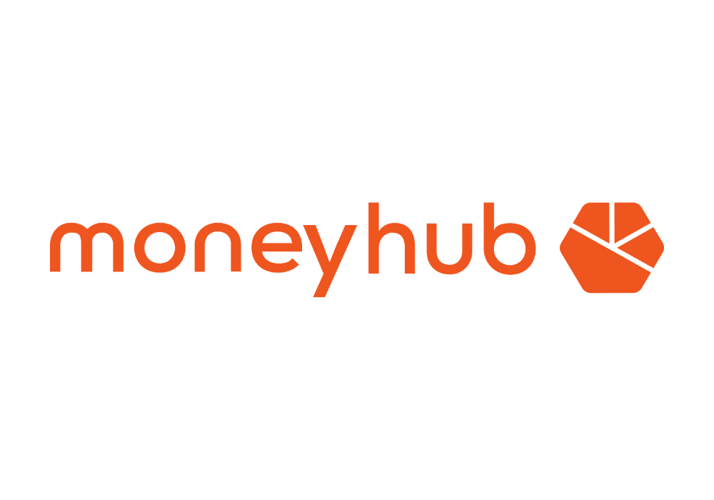 Orange "moneyhub" logo with a hexagonal icon on the right.