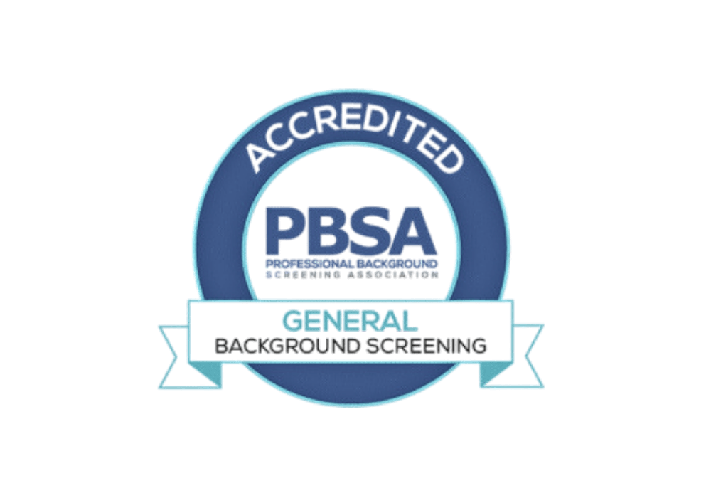 Blue PBSA accreditation badge with the words "Accredited" and "General Background Screening."
