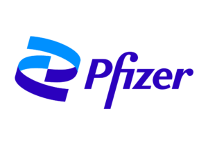 Pfizer logo featuring a stylised blue and purple design with the company name in bold lettering.