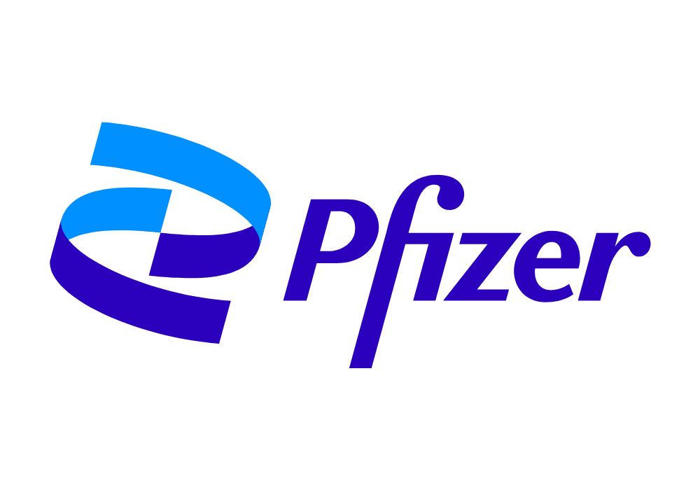 Pfizer logo featuring a stylised blue and purple design with the company name in bold lettering.