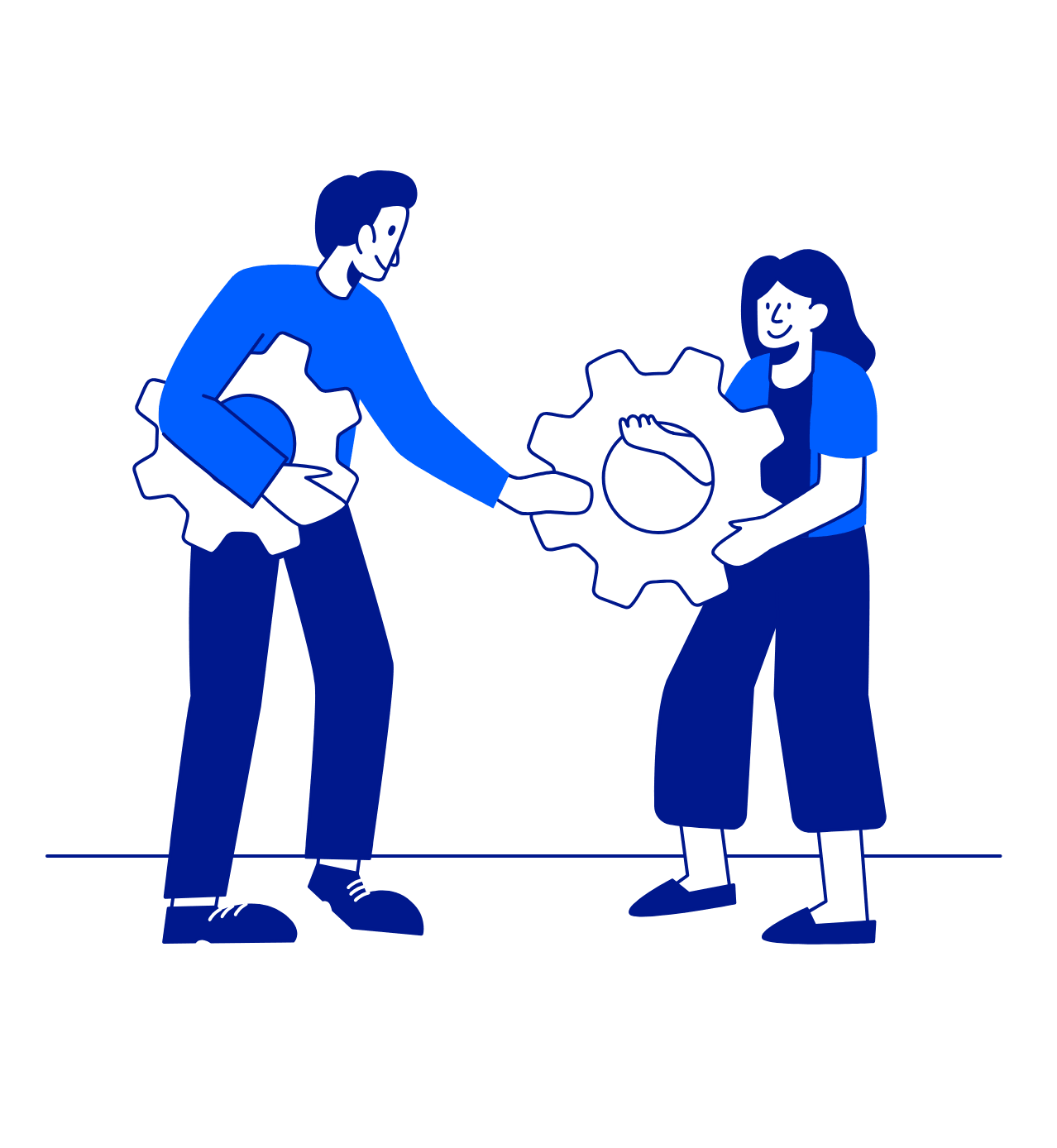 Two people in blue exchanging large interlocking cogs, symbolising teamwork and collaboration.