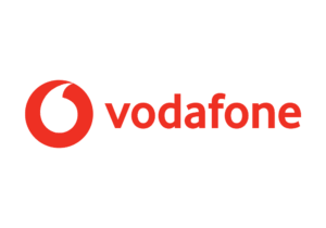Vodafone logo featuring a red and white speech mark symbol next to the brand name in red lowercase letters.