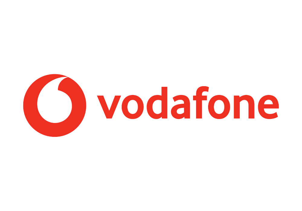 Vodafone logo featuring a red and white speech mark symbol next to the brand name in red lowercase letters.