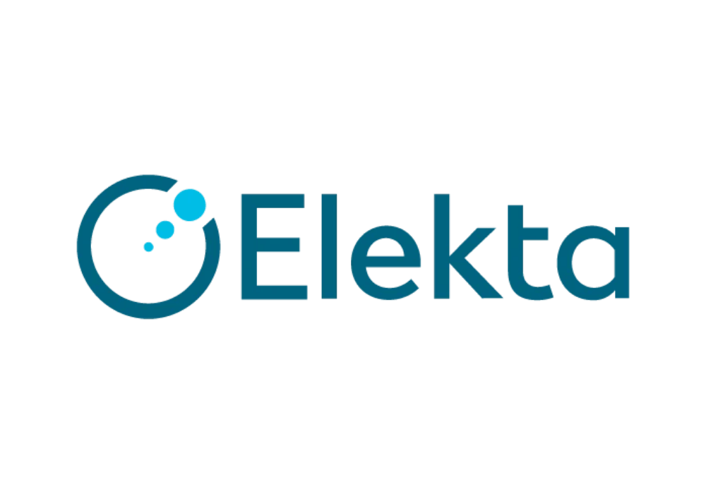 Elekta logo featuring a stylised circular design with small cutouts, accompanied by the word "Elekta" in blue lettering.