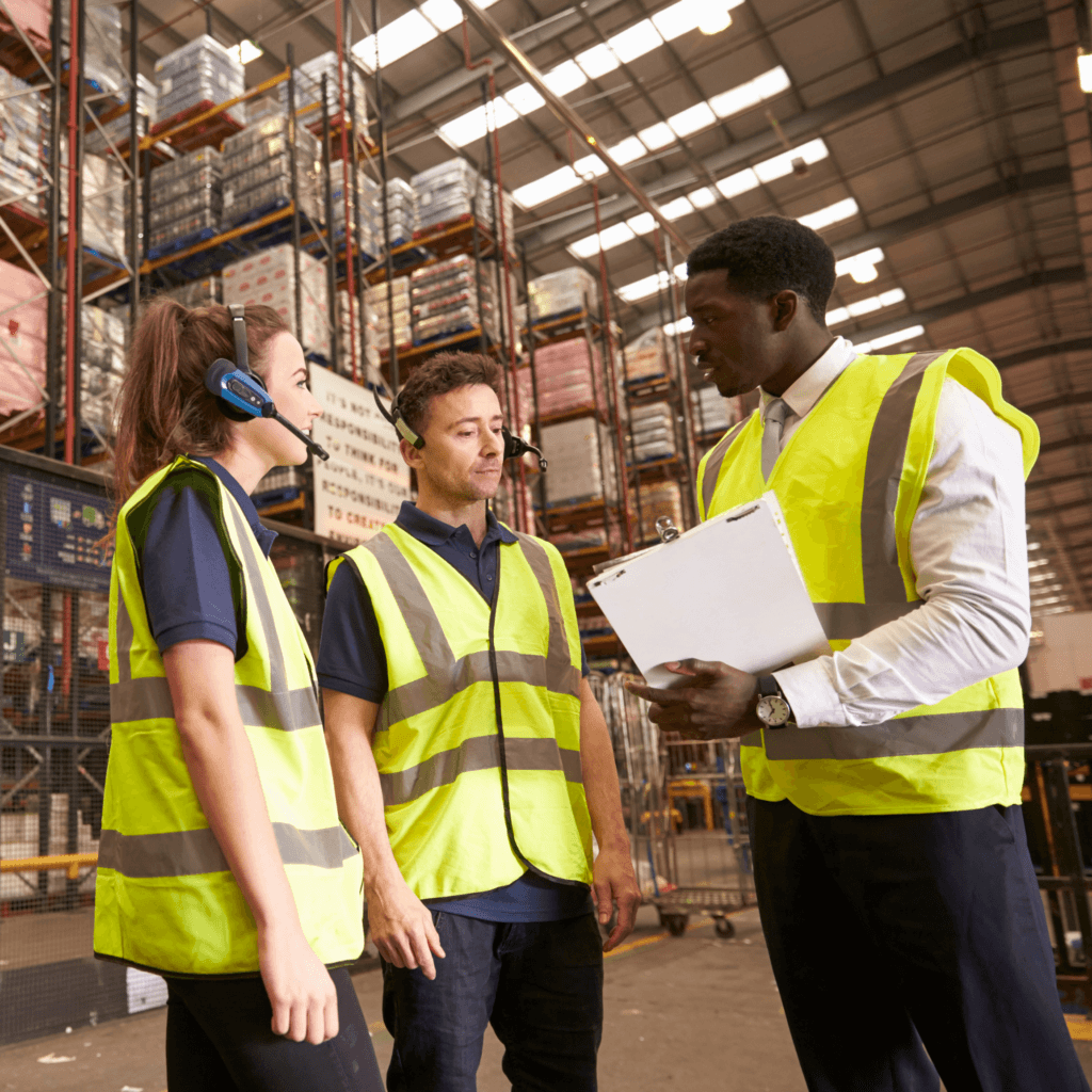 Three warehouse employees in high-visibility vests discuss work using a clipboard and headset, surrounded by tall shelving with stacked goods in a large warehouse.