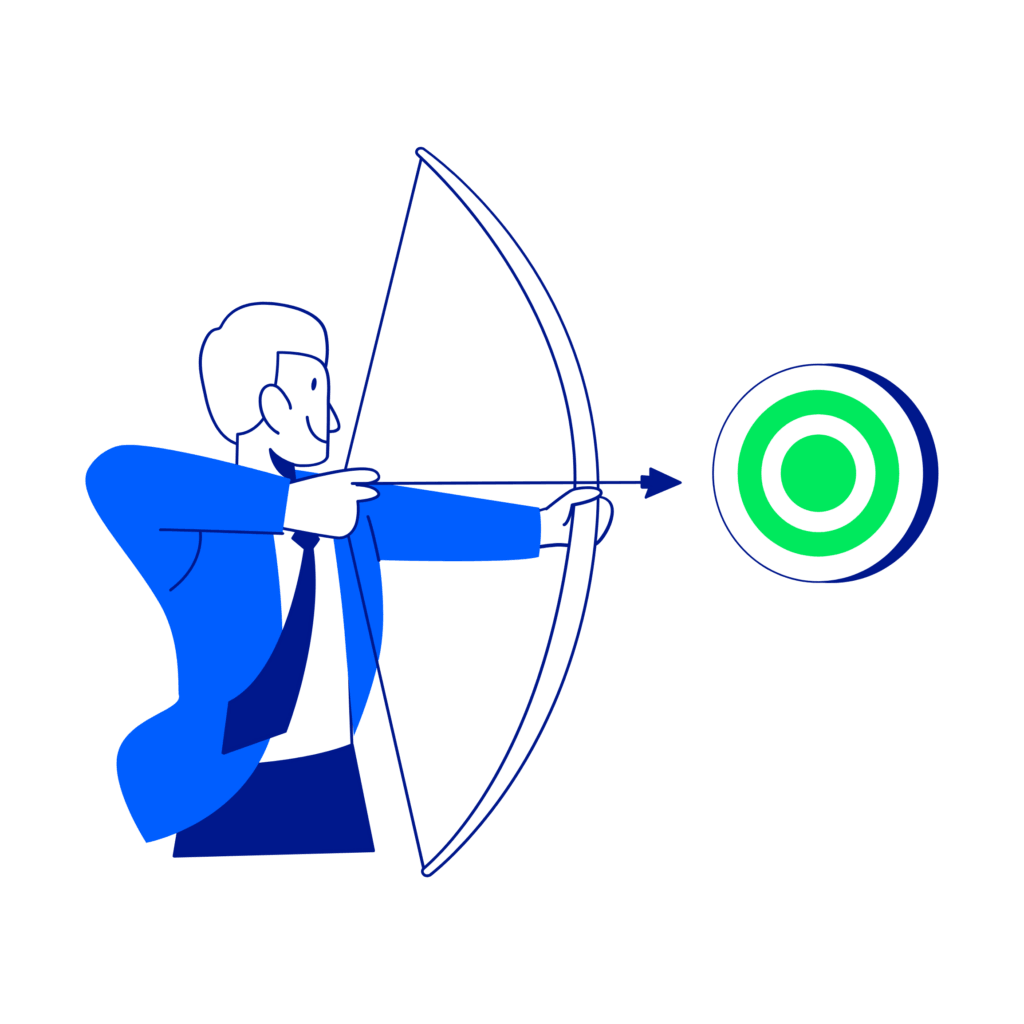 Illustration of a person in a blue suit using a bow and arrow to aim at a green target, representing outcome-based procurement success with matrix milestone.