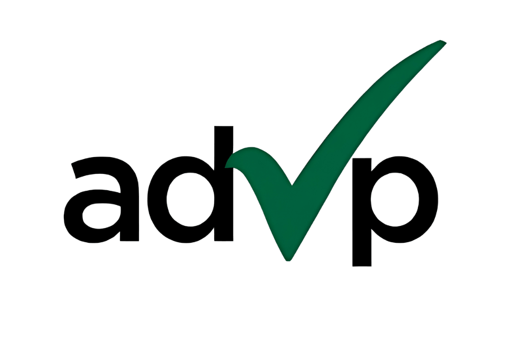 The image shows a green check mark integrated into stylised black letters "advp".