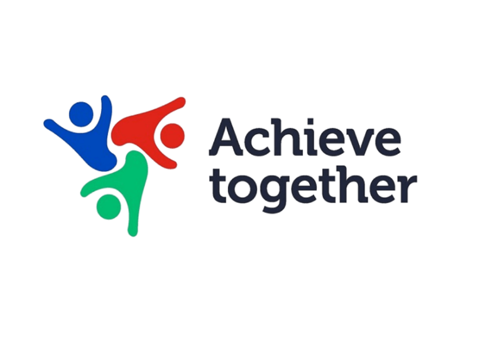 Colourful abstract figures in blue, red, and green arranged in a circular pattern next to the text "Achieve together" on a white background.