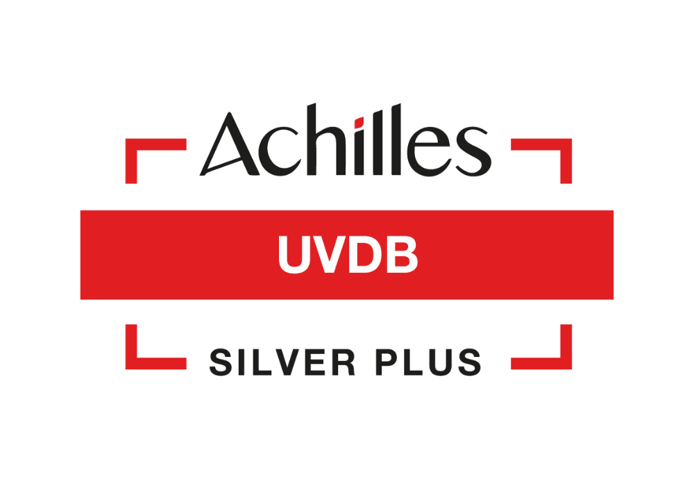 Achilles UVDB Silver Plus certification badge featuring a red and black design with the text emphasised in the centre.