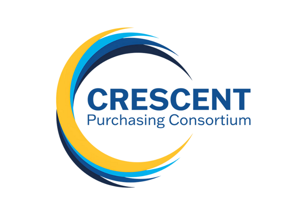 Crescent Purchasing Consortium logo featuring a crescent-shaped design in blue and yellow surrounding the organisation's name.