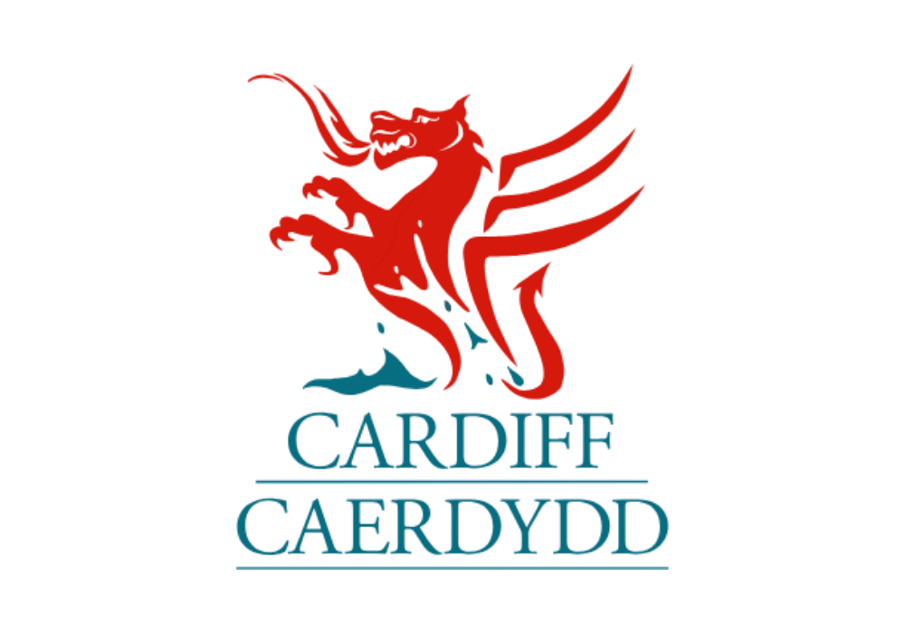 A red dragon above bilingual text reading "Cardiff Caerdydd" in blue.