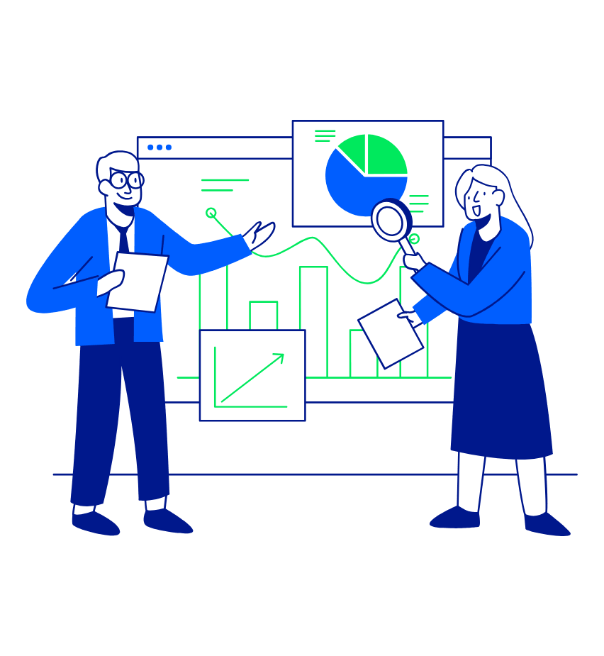 Two cartoon figures analysing graphs and charts on a digital screen, depicting teamwork and data analysis, representing contingent workforce management.