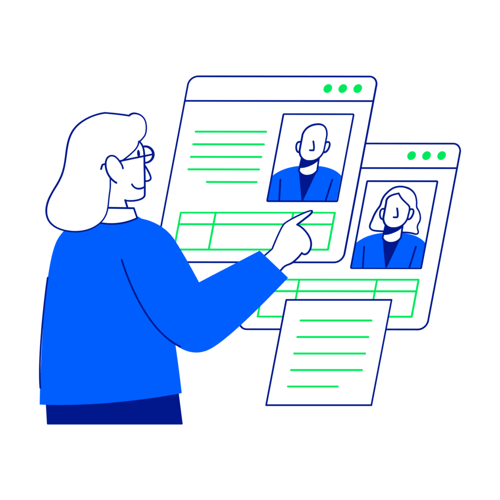 A person interacts with digital profiles on overlapping computer screens, featuring headshots and text, indicating a contingent workforce management platform interface.