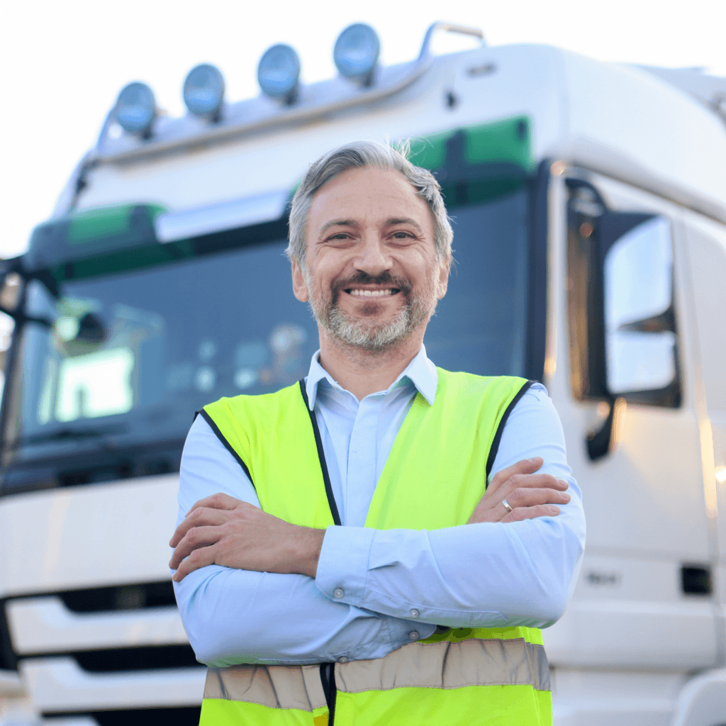 Man in a high-visibility vest standing in front of a supermarket delivery lorry, smiling confidently with arms crossed, representing contingent workforce management solutions.