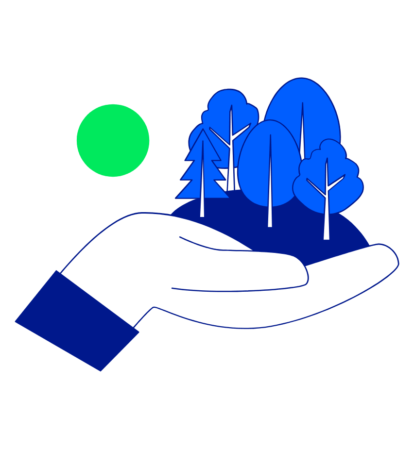 A stylised illustration of a hand holding a miniature forest, symbolising environmental care, with a green circle representing the sun, signifying responsible ESG and CSR,