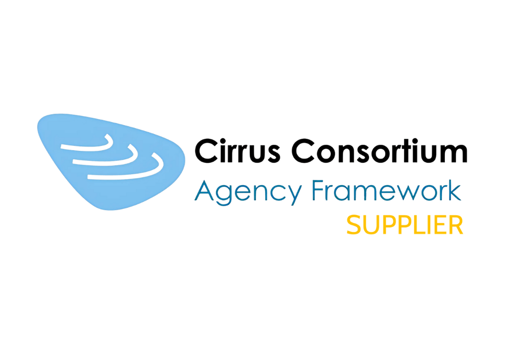 Logo of the Crown Commercial Service Agency Framework Supplier with a blue abstract design.