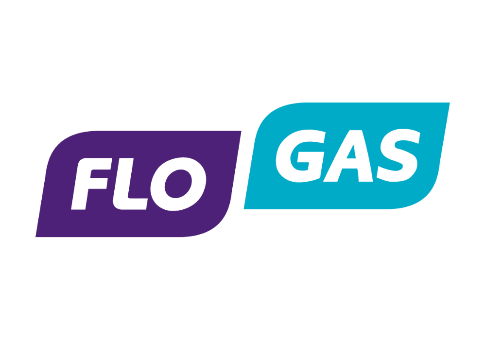 The image shows a logo with the words "FLO" in purple and "GAS" in blue, each within a curved rectangle.