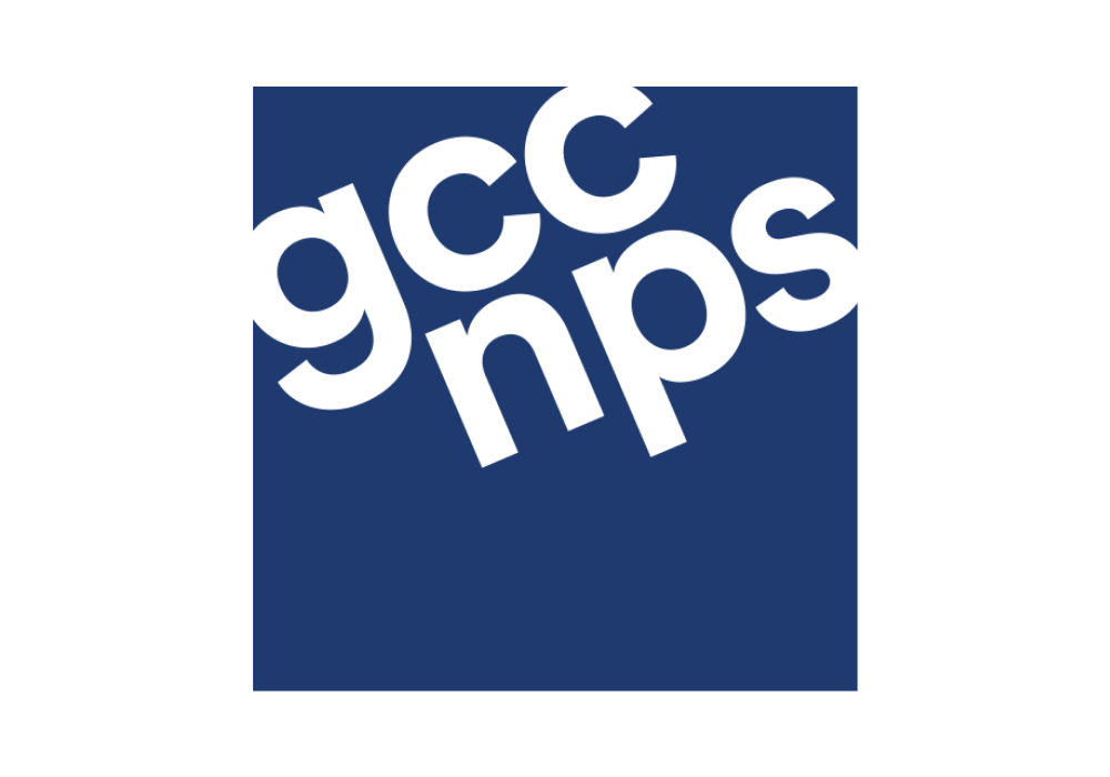 White lowercase letters "gcc nps" on a blue square background.