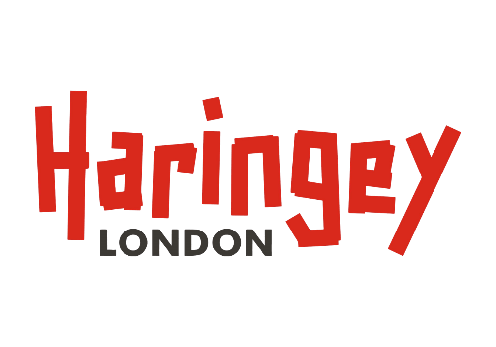 Text logo featuring "Haringey" in bold red, stylised letters, with "London" in smaller black text below.