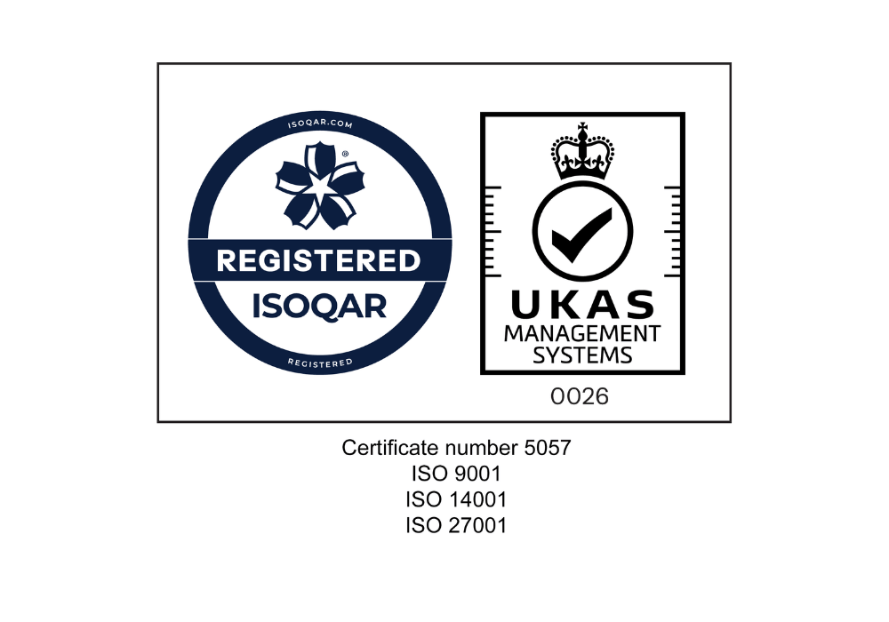 ISOQAR and UKAS certification logos with ISO standards 9001, 14001, and 27001 listed, and a certificate number 5057.
